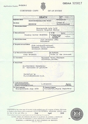 Stanley's Death Certificate